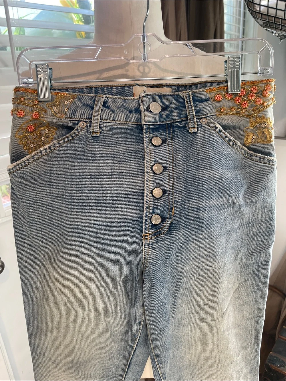 Beautiful Free People Embellished and Embroidered High-Waist Jeans
